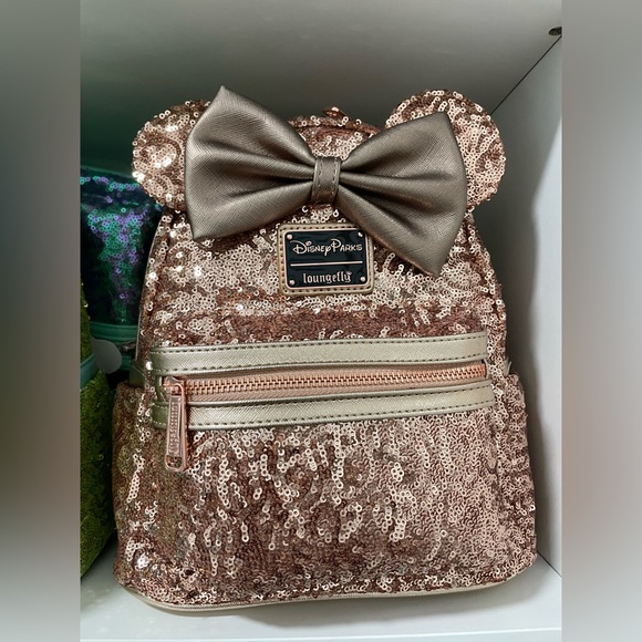 Loungefly Handbags - Loungefly Minnie Bow Bronze Sequin  Mini Backpack NWT